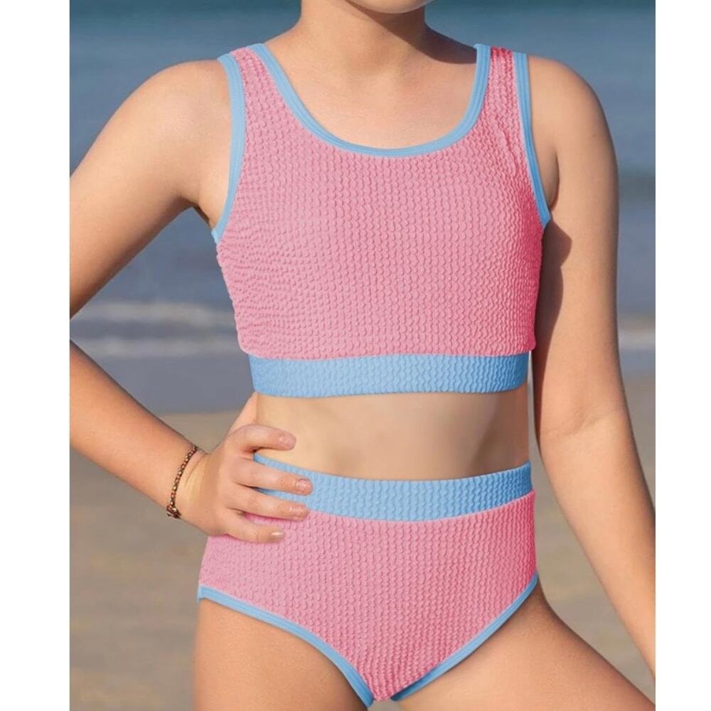 Girls Pink Blue Textured Bikini Set High Waisted 2 Piece L Swim Size 8-9Y